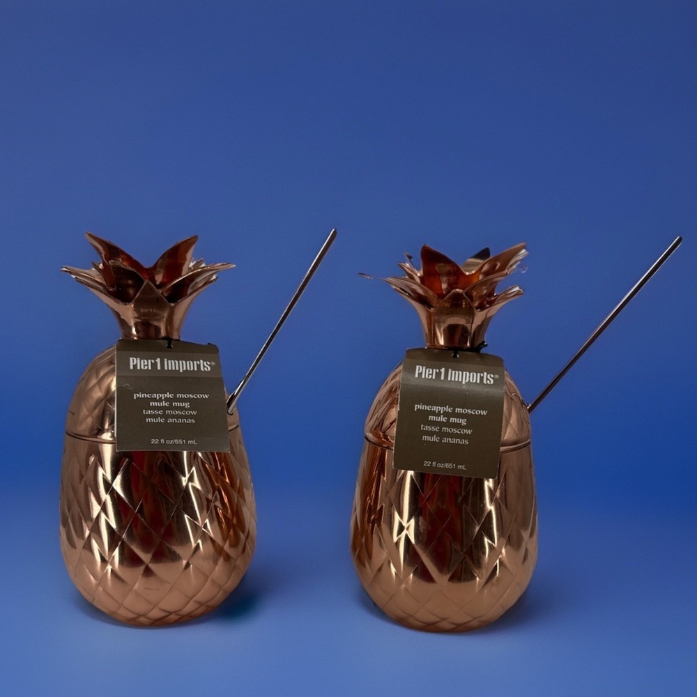NWT Pier 1‎ Copper Pineapple Moscow Mule Drink Cups With Straw Bar Kitchen